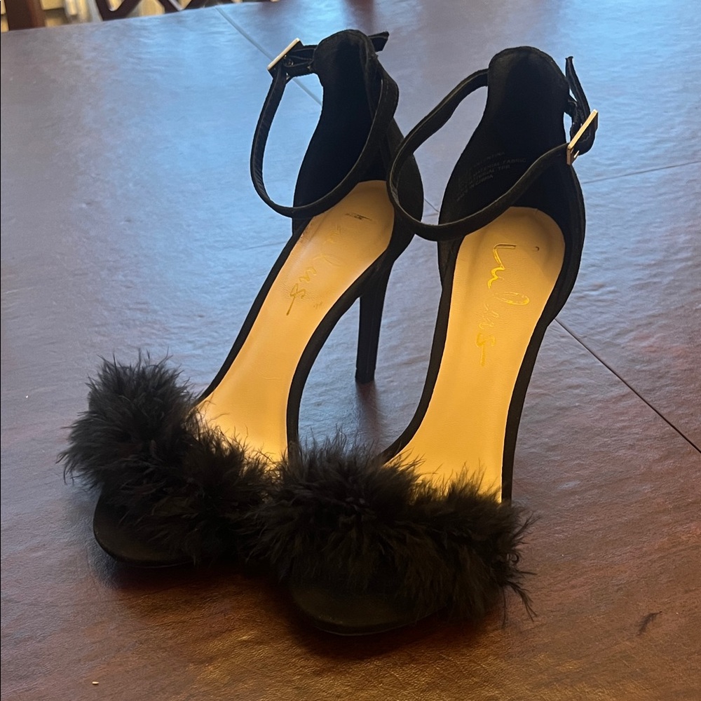 Lulus Valentina Black Feather Ankle Strap Heels